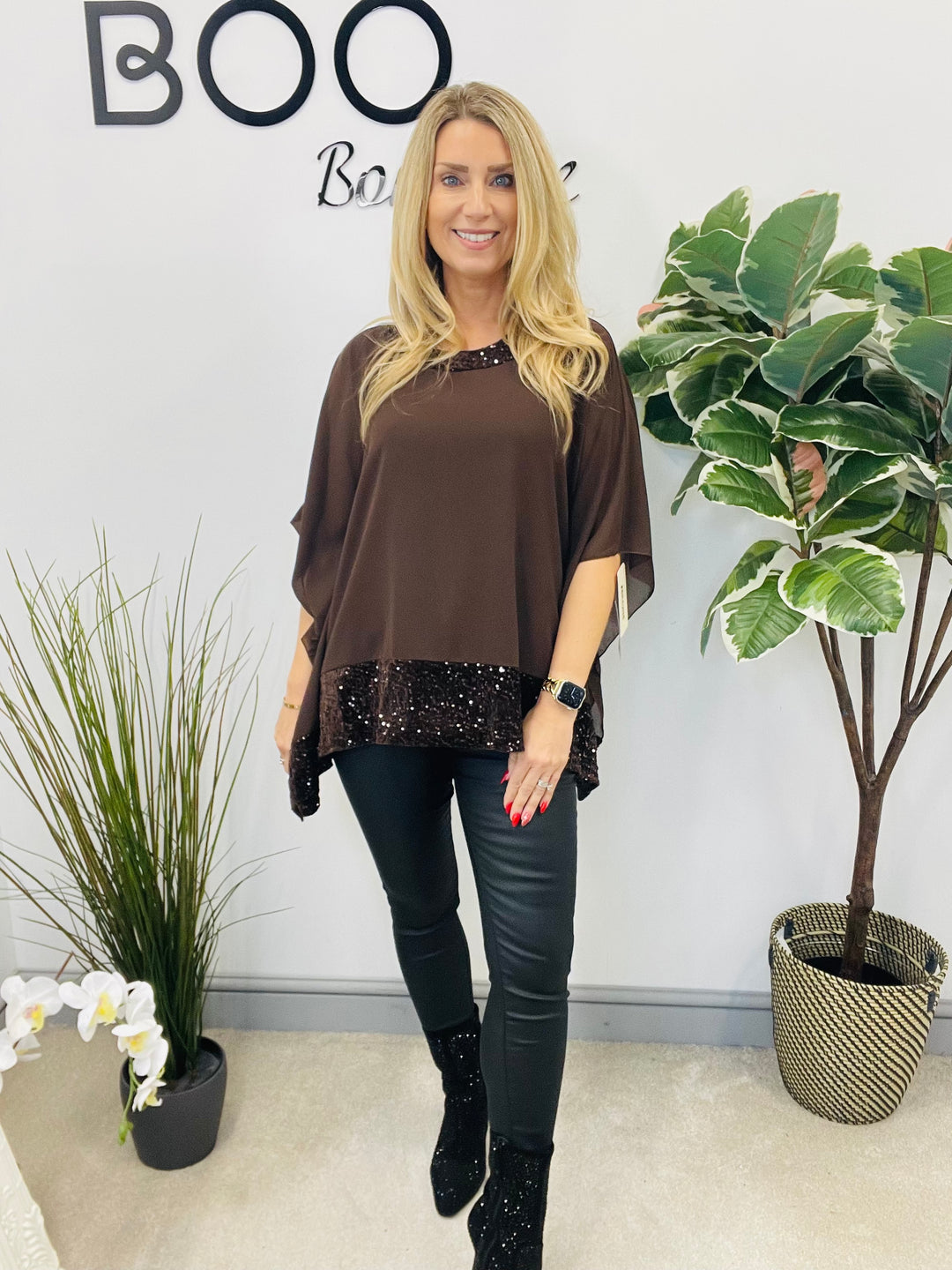 LADIES CHIFFON FLOATY SEQUIN PARTY TOP - BROWN, BLACK, BERRY