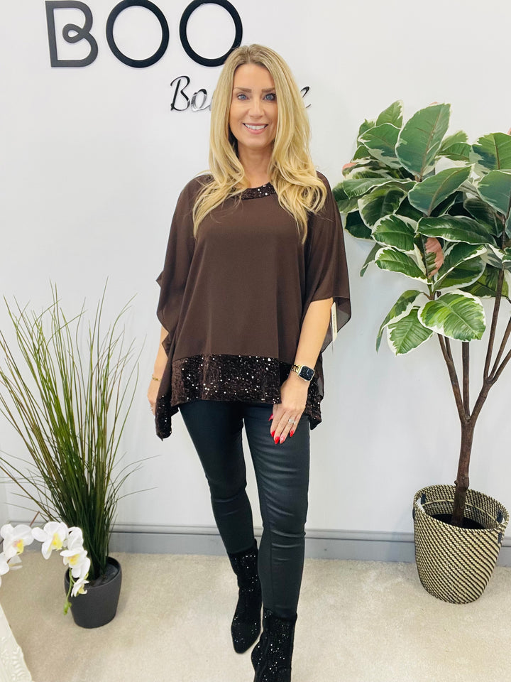 LADIES CHIFFON FLOATY SEQUIN PARTY TOP - BROWN, BLACK, BERRY