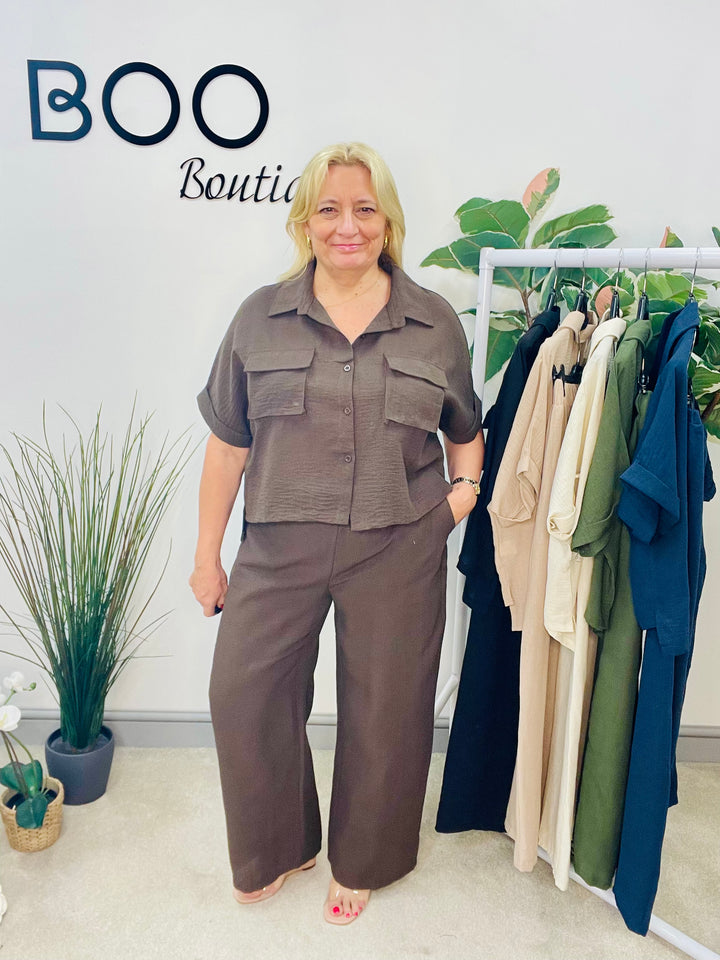 LADIES WIDE LEG TROUSER, CARGO TOP CO ORD SET - KHAKI, BLACK, BROWN, NAVY, CREAM, BEIGE