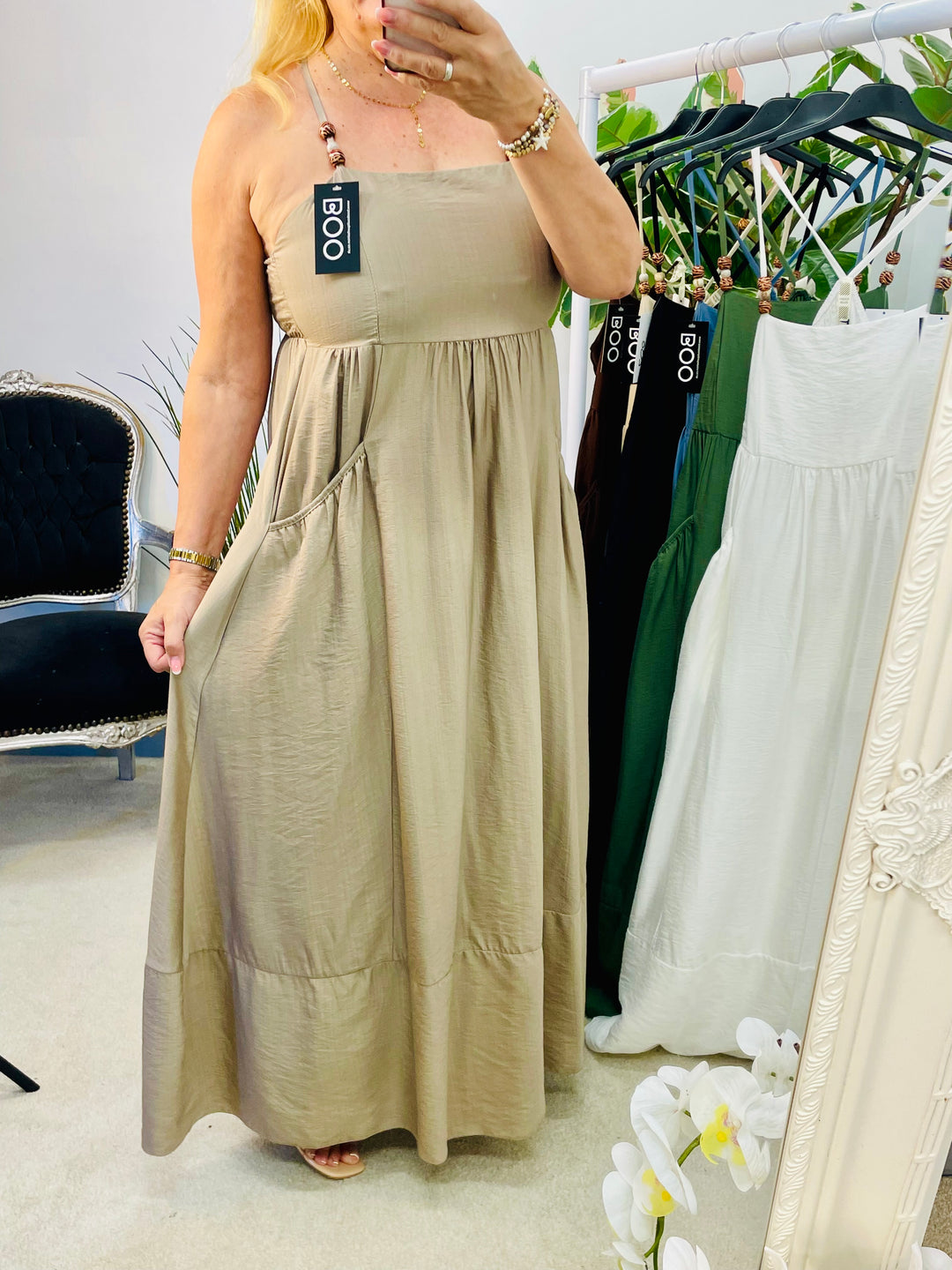 LADIES SUMMER HOLIDAY MAXI DRESS - DENIM BLUE, WHITE, BROWN, BEIGE & BLACK