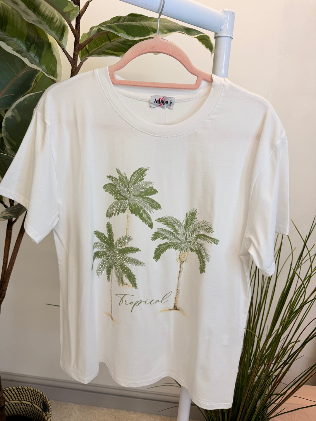Ladies White Sparkly Tropical Print T Shirt - Navy, Blue, Pink, Khaki & Beige