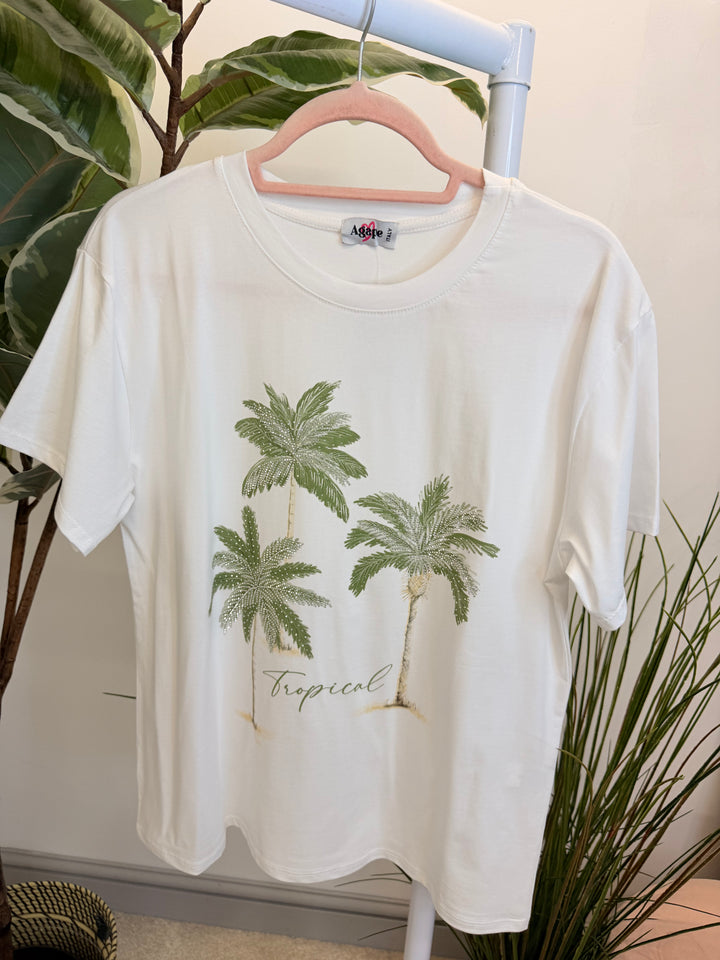 Ladies White Sparkly Tropical Print T Shirt - Navy, Blue, Pink, Khaki & Beige