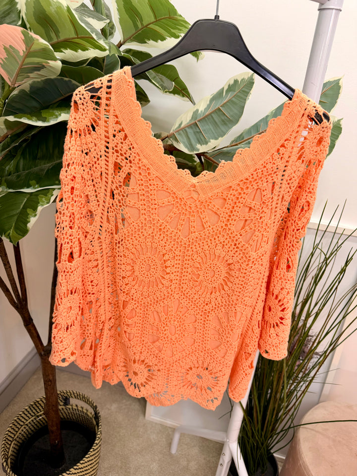 Ladies Fashion Crochet Open Knit Top peach