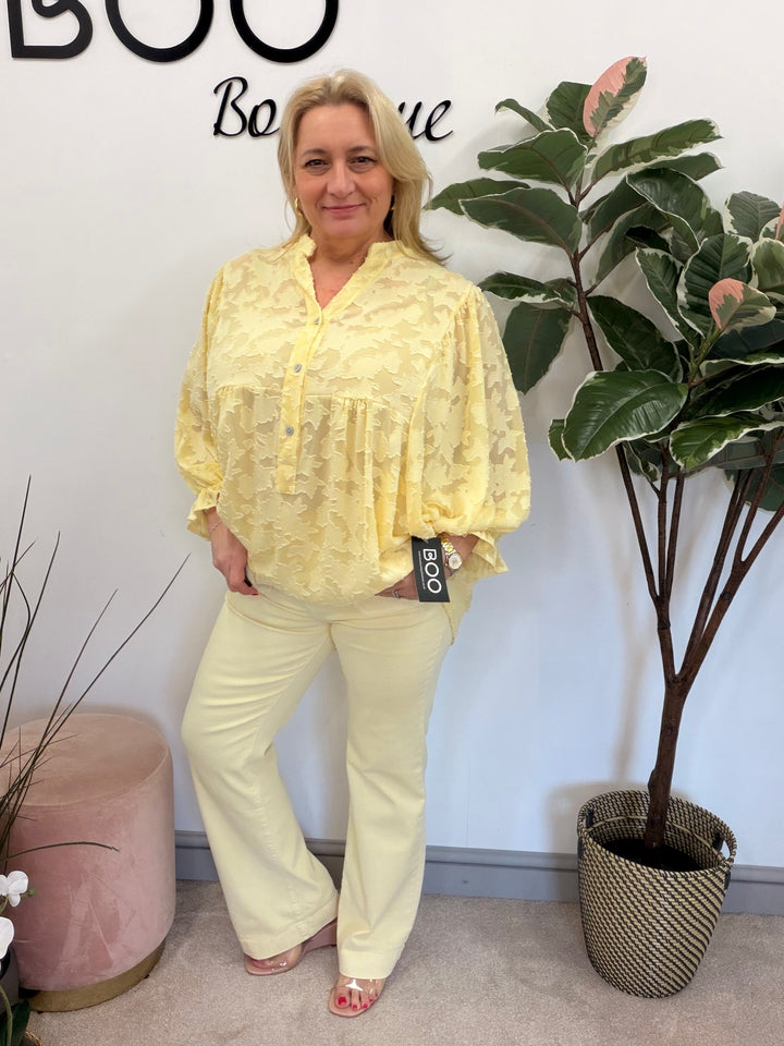 LADIES FASHION LEMON YELLOW HIGH WAIST WIDE LEG JEANS