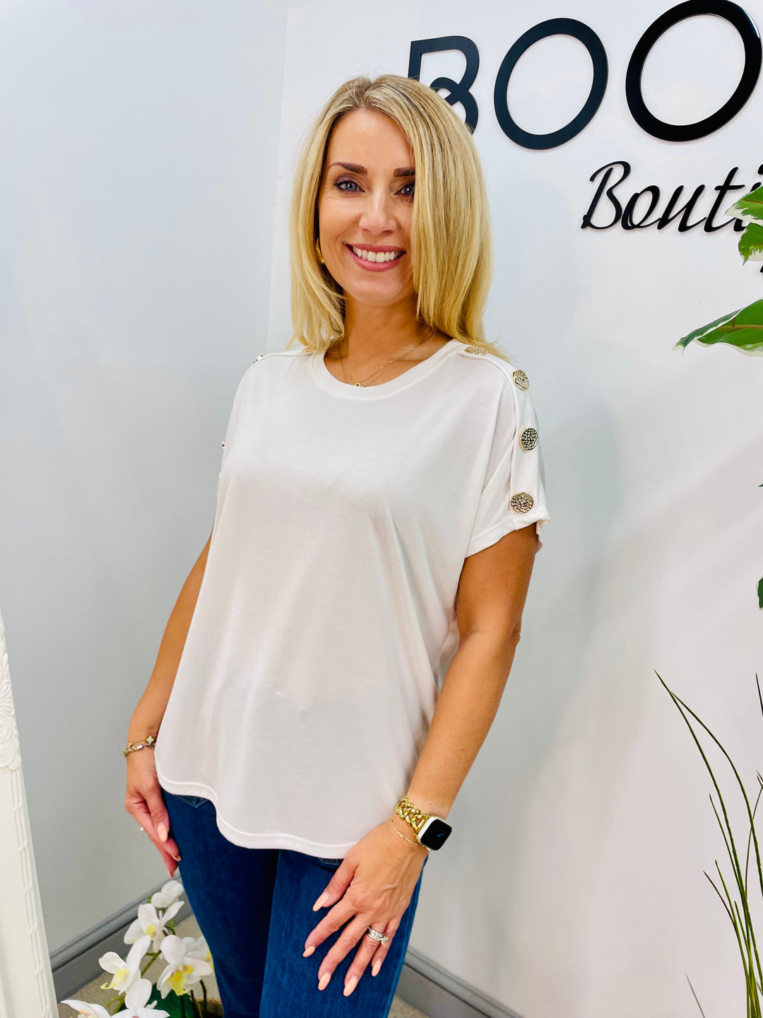 LADIES CASUAL STRETCH GOLD BUTTON T SHIRT - PINK, NAVY, WHITE, BLACK, KHAKI