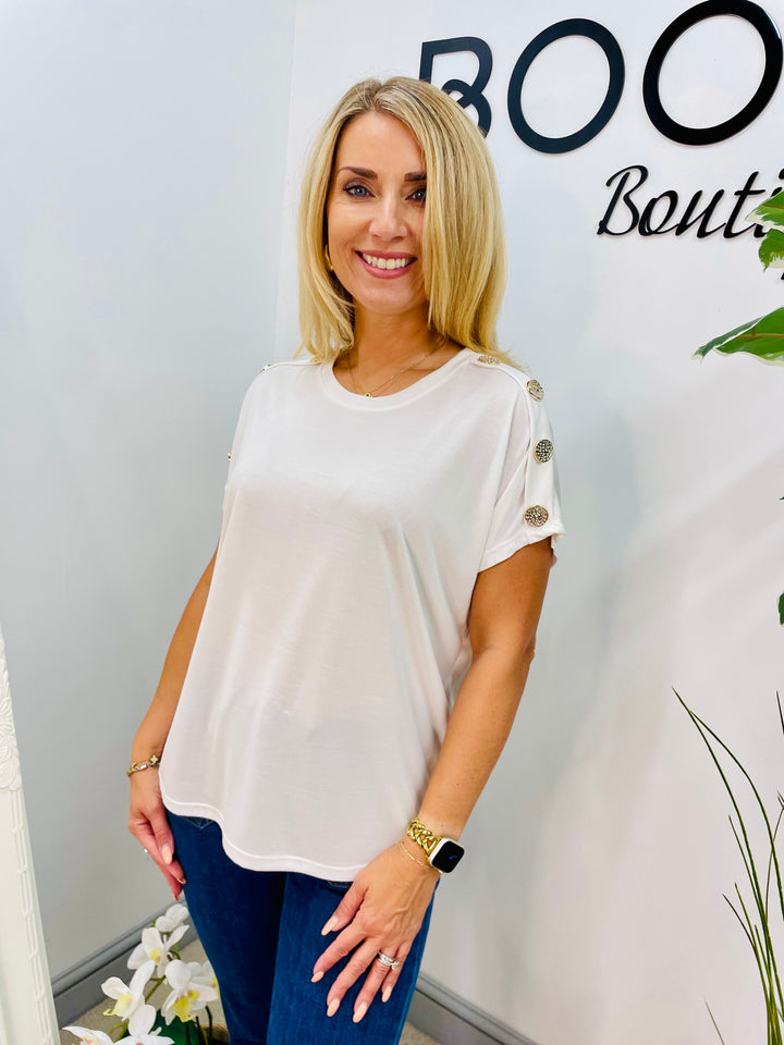LADIES CASUAL STRETCH GOLD BUTTON T SHIRT - PINK, NAVY, WHITE, BLACK, KHAKI