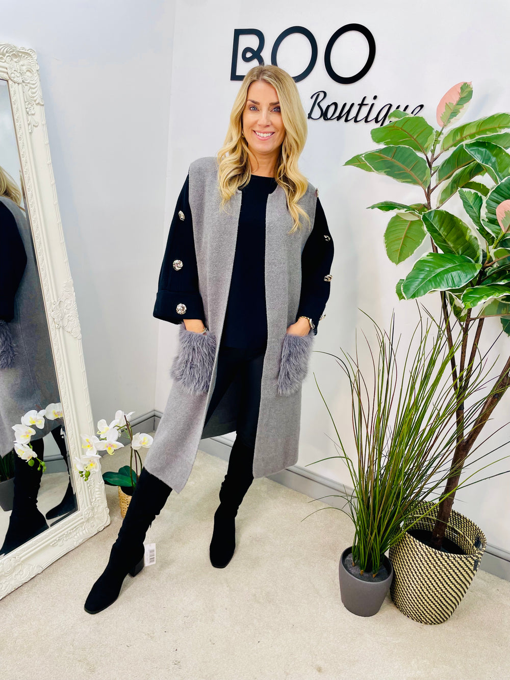 LADIES KNITTED LONGLINE SLEEVELESS CARDIGAN GILET - CAMEL, GREY & BLACK