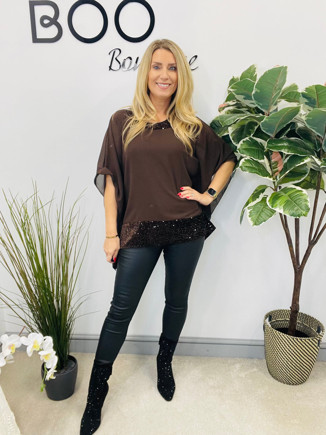 LADIES CHIFFON FLOATY SEQUIN PARTY TOP - BROWN, BLACK, BERRY