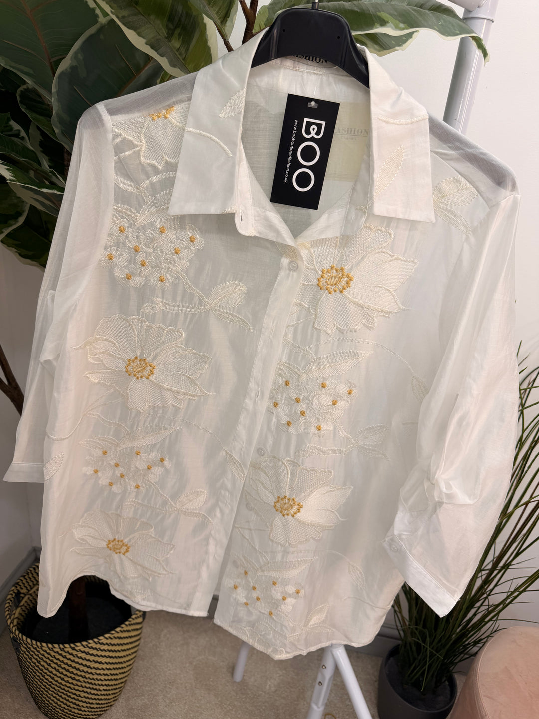 Ladies Sheer Embroidered Blouse - Black & White