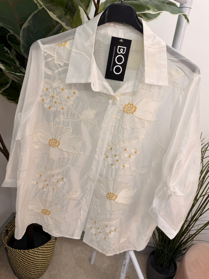 Ladies Sheer Embroidered Blouse - Black & White