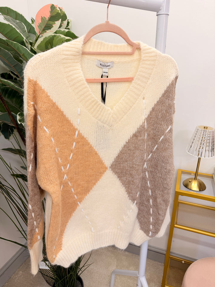 Ladies Fashion Cream Beige Mocha Cricket Loose Fit Jumper