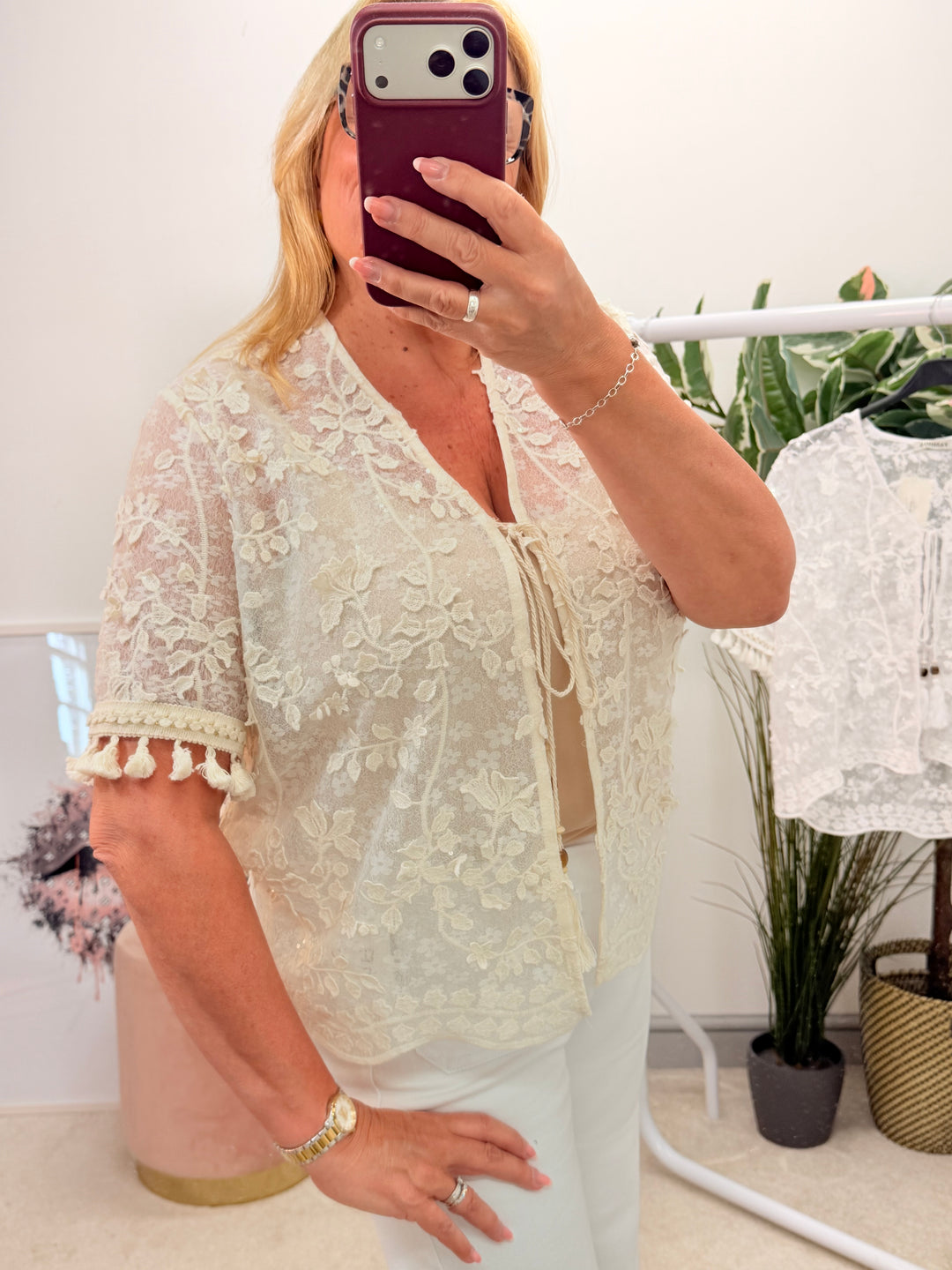 Ladies Fashion Sheer Sparkly Bolero Cardigan - white and Beige