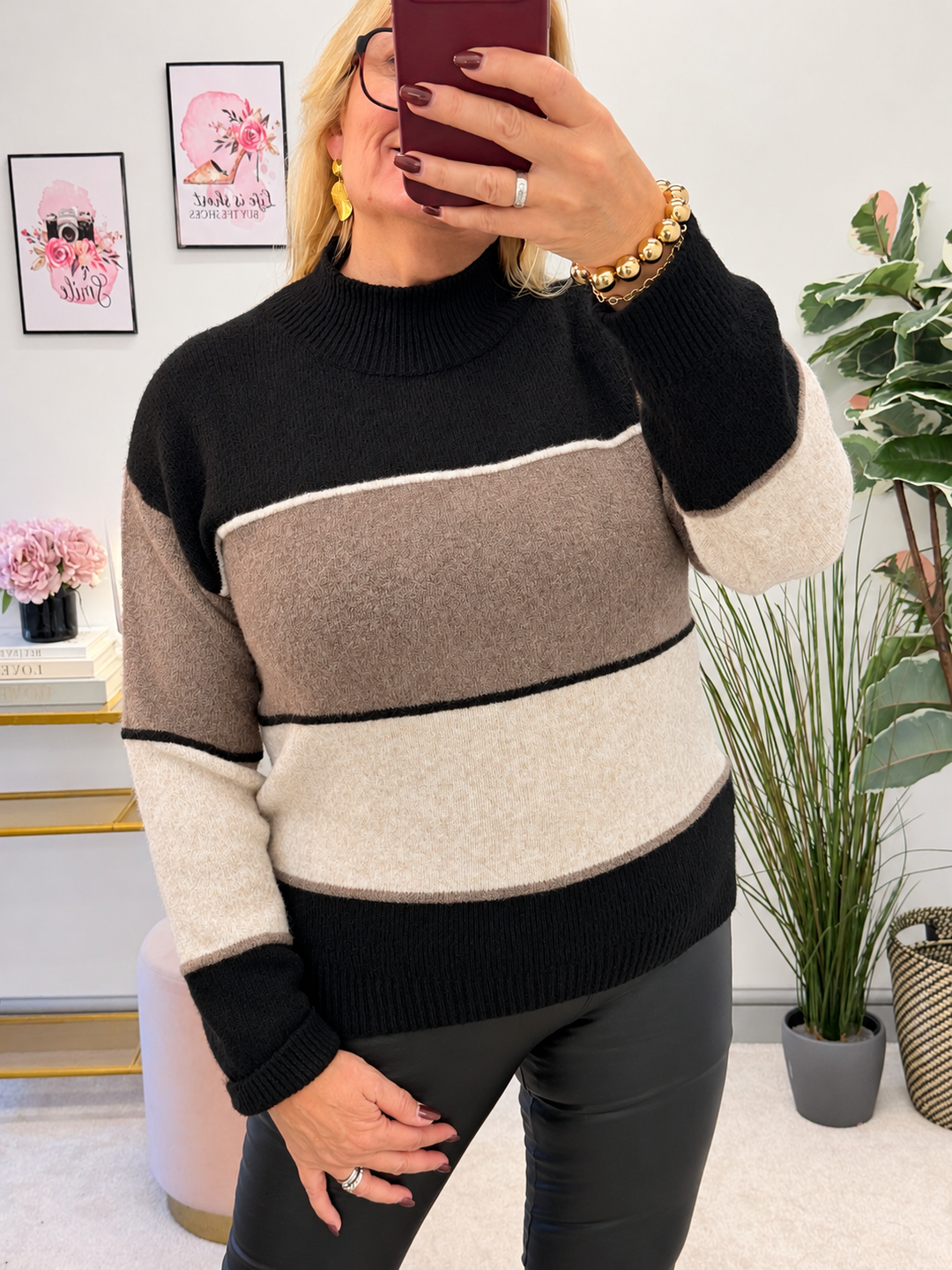 Women's colour block stripe jumper - black, mocha, brown & wine