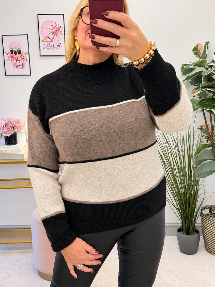 Women's colour block stripe jumper - black, mocha, brown & wine