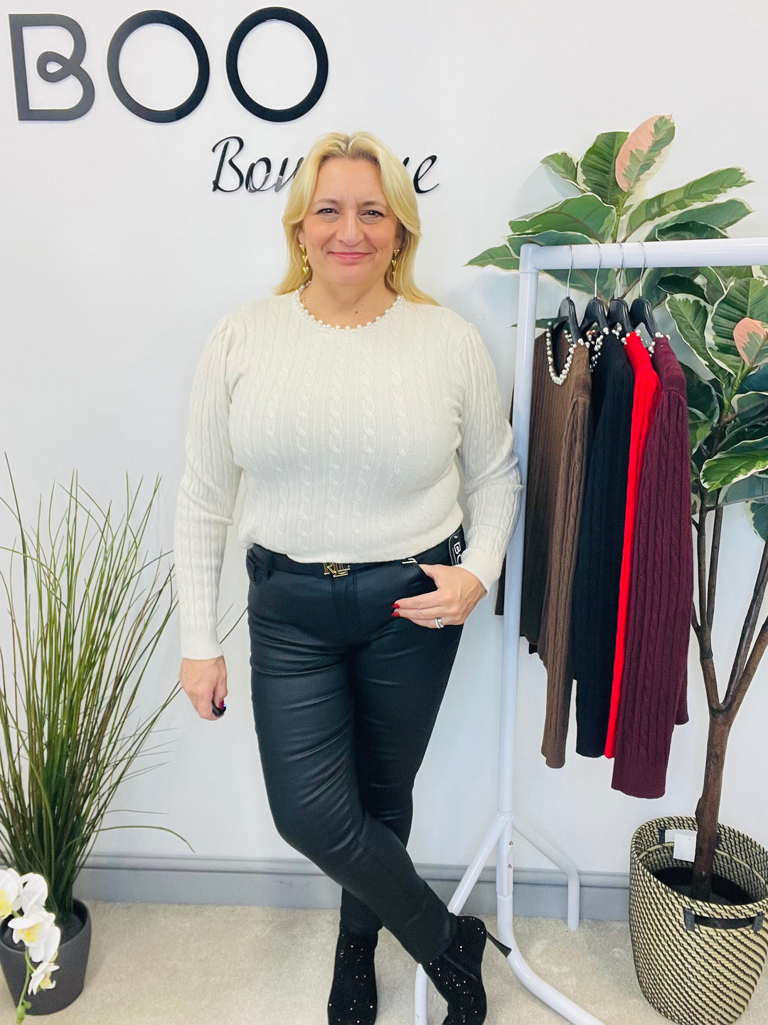 LADIES CABLE KNIT PEARL NECK JUMPER - BERRY, CREAM, BLACK, RED, BROWN