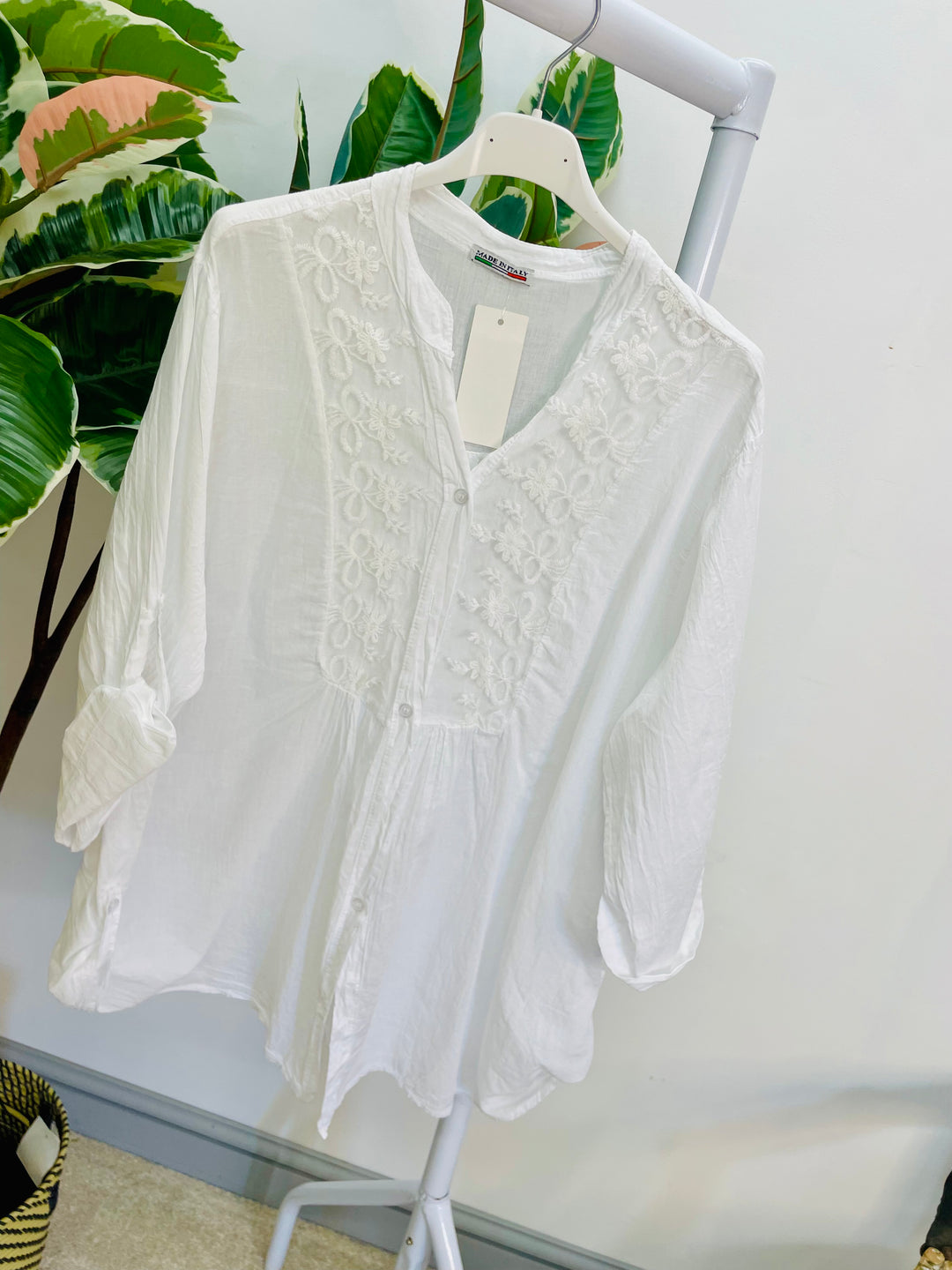 LADIES COTTON LACE FRONT BLOUSE SHIRT - LEMON, WHITE & ORANGE
