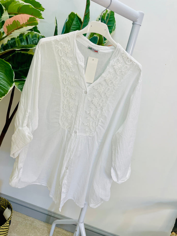 LADIES COTTON LACE FRONT BLOUSE SHIRT - LEMON, WHITE & ORANGE