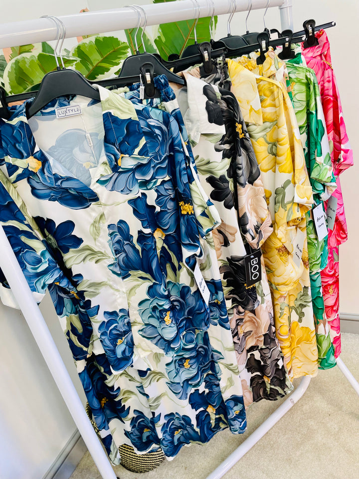 LADIES FLORA PRINT SATIN WIDE LEG PALAZZO TROUSERS - PINK, NAVY, GREEN, BLACK, YELLOW