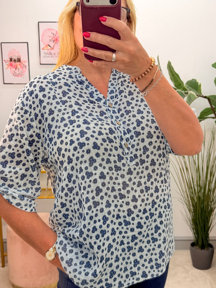 Ladies Fashion White & Navy Daisy Print Linen Grandad Shirt Top