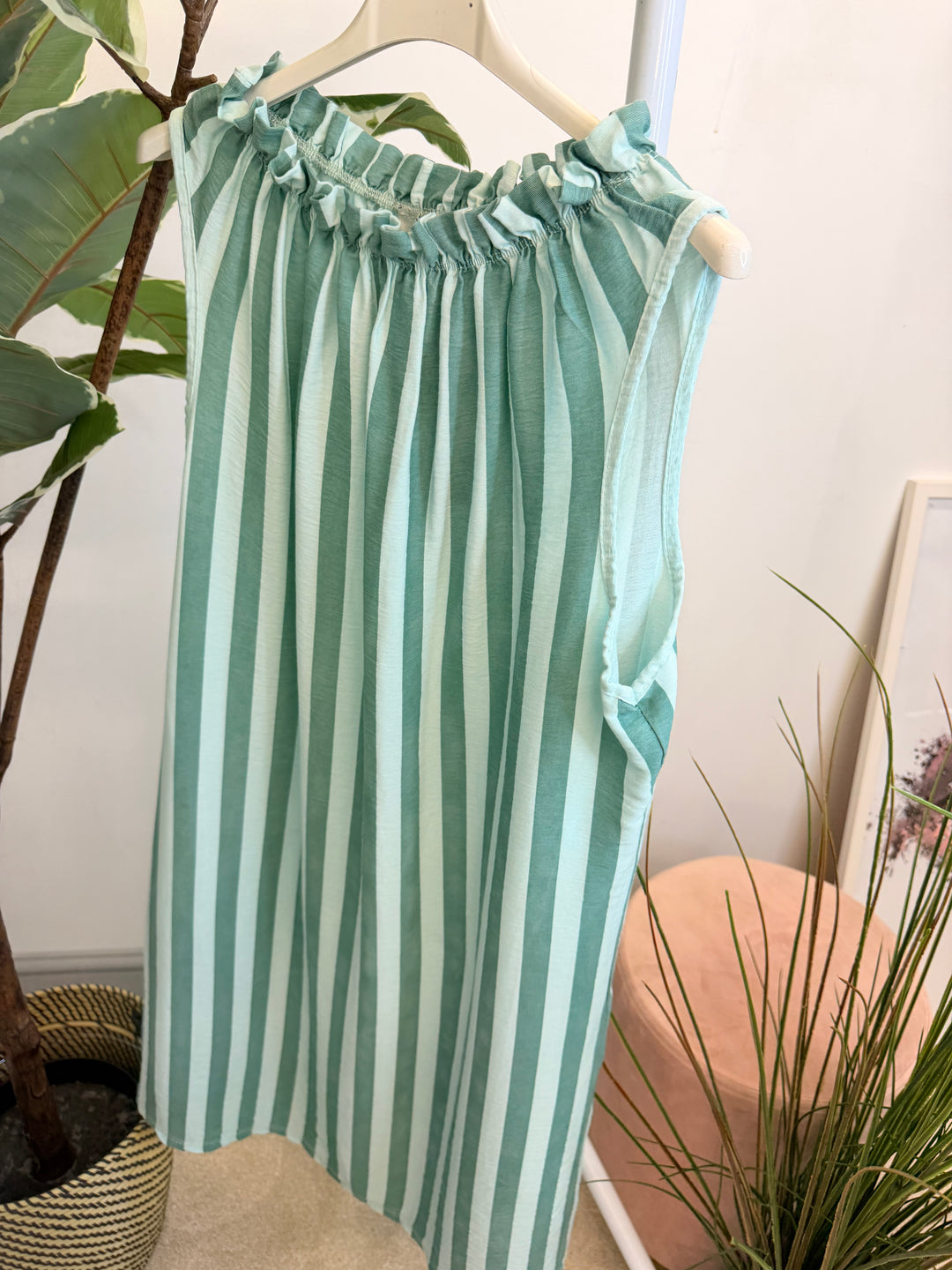 Ladies Candy Stripe High Neck Summer Sun Dress - Brown, Blue, Mint & Pink