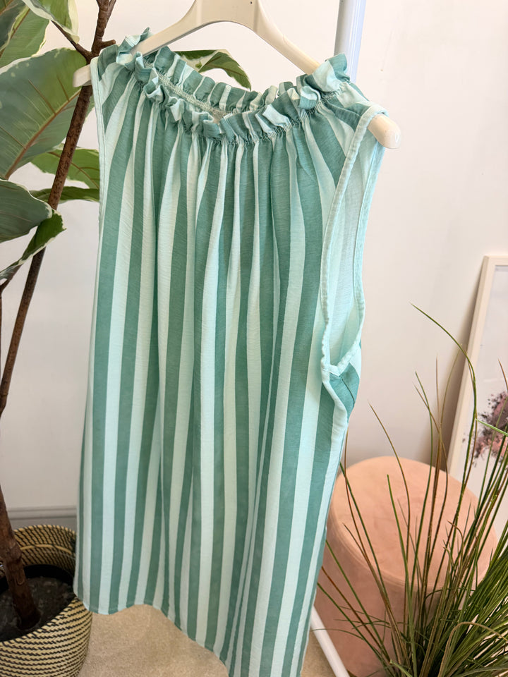 Ladies Candy Stripe High Neck Summer Sun Dress - Brown, Blue, Mint & Pink