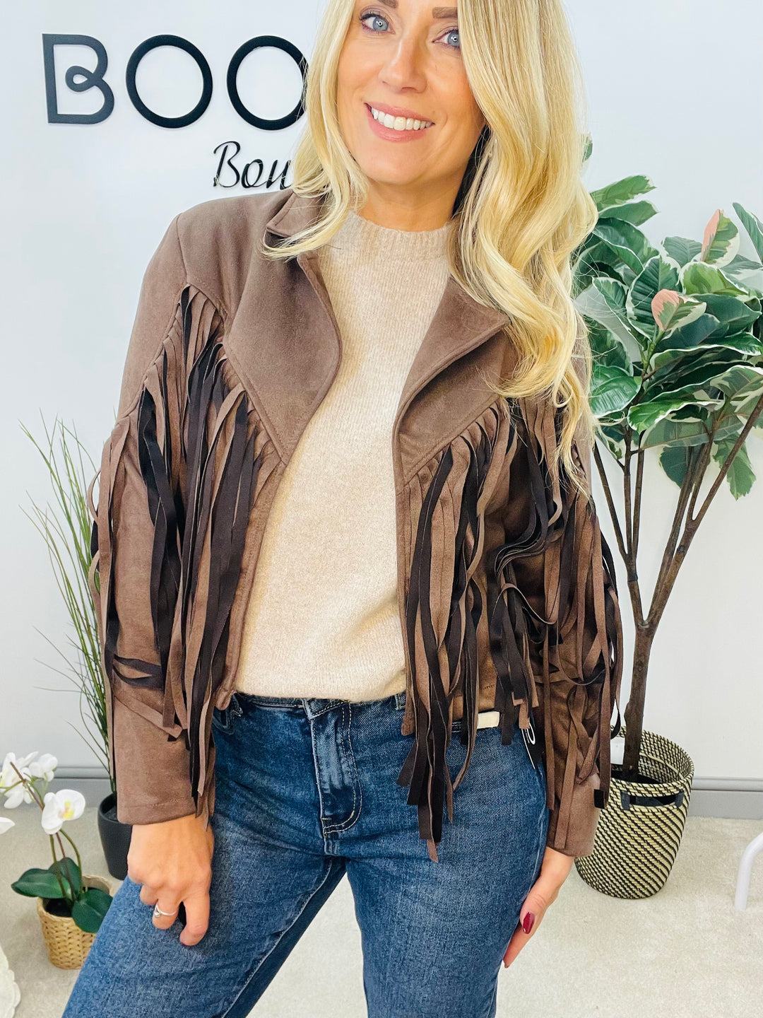LADIES FAUX SUEDE FRINGED COWBOY BOLERO JACKET - WINE, BLACK, BEIGE & BROWN