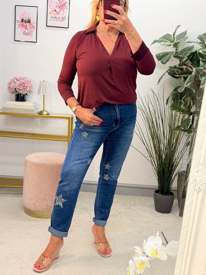Ladies Fashion V Neck Top - White, Brown, Black, Beige, Wine, Khaki