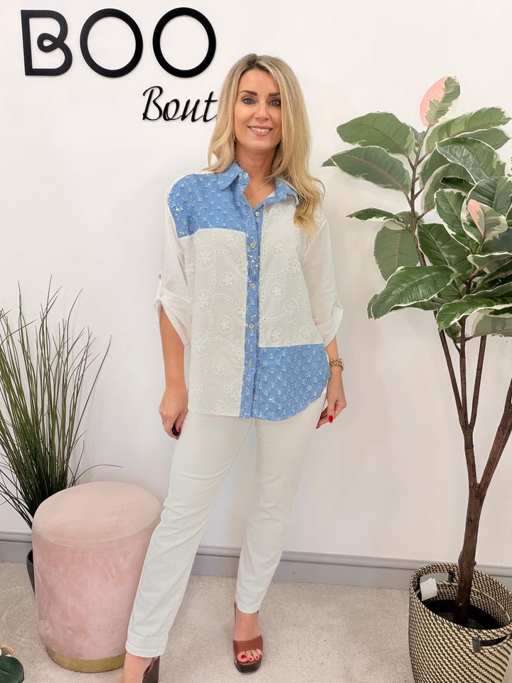 Ladies Fashion White Broderie Anglaise Denim Shirt