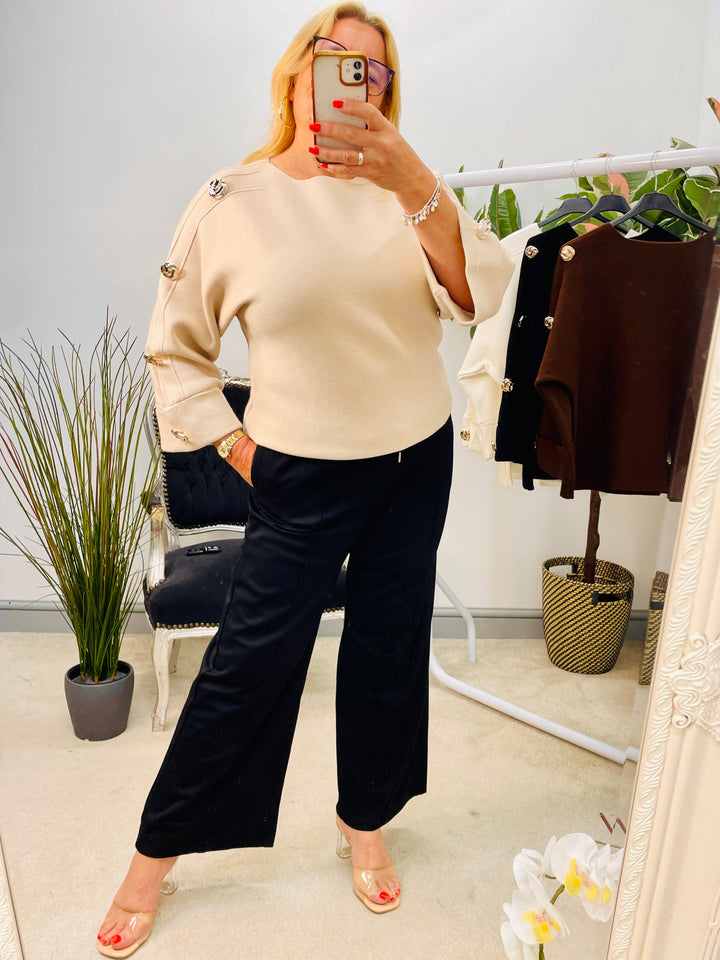 LADIES THICK KNIT GOLD BUTTON JUMPER - WHITE, BEIGE, BROWN & BLACK
