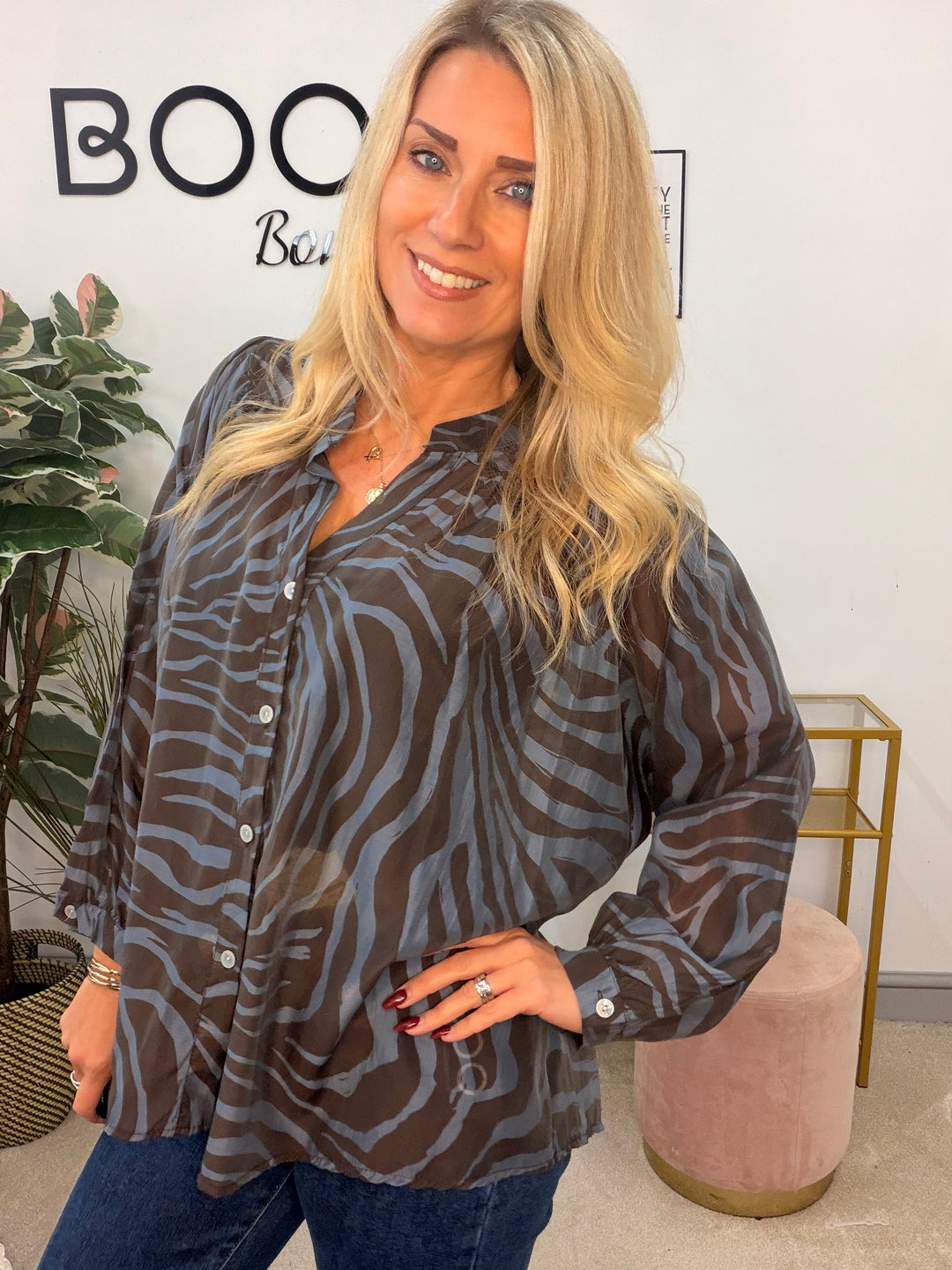 Womens zebra print smock style blouse top - navy & brown