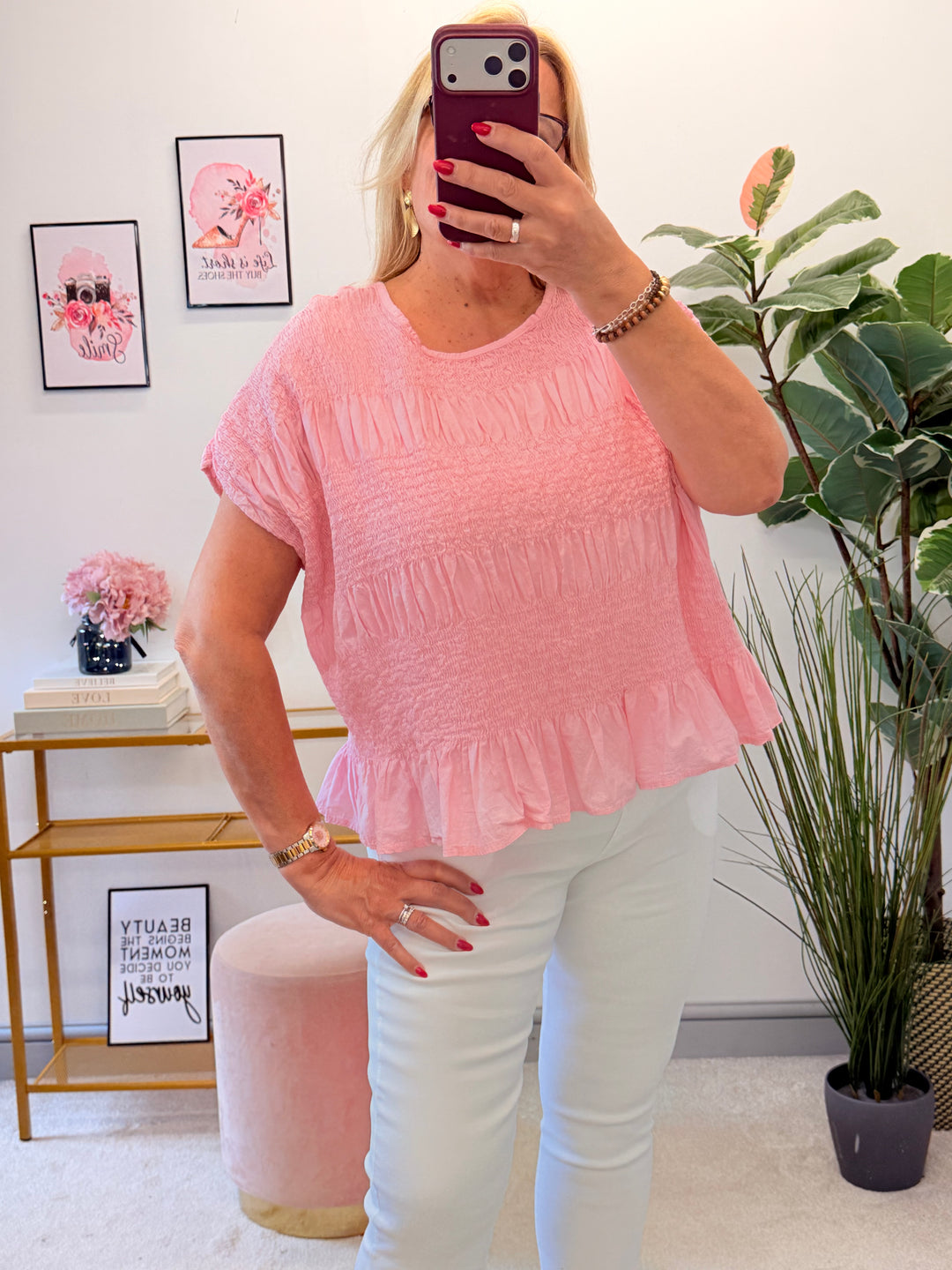 Ladies Cotton Elasticated Summer Top - White, Blue, Mint, Pink & Brown