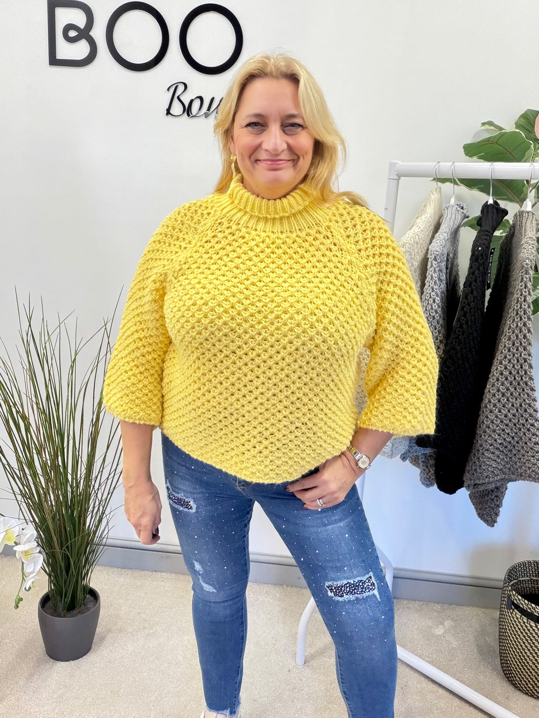 LADIES CHUNKY WAFFLE KNIT JUMPER - LEMON, BEIGE, BLACK, MOCHA & GREY