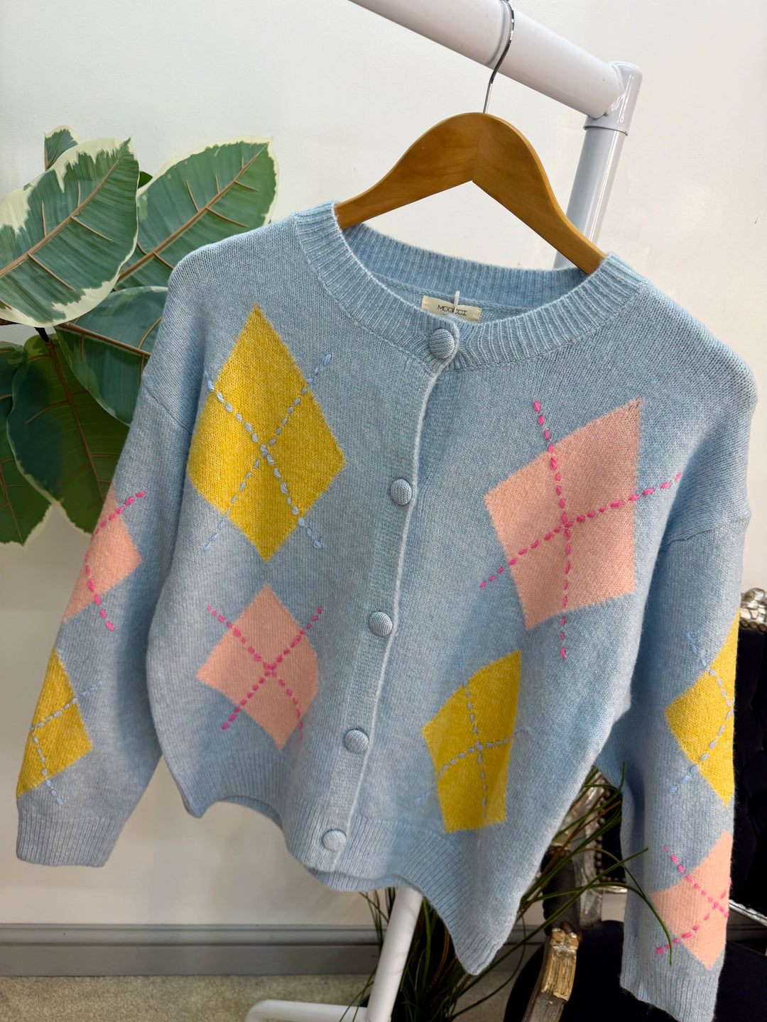 Ladies Fashion Diamond Argyle Cardigan - pink, blue & cream