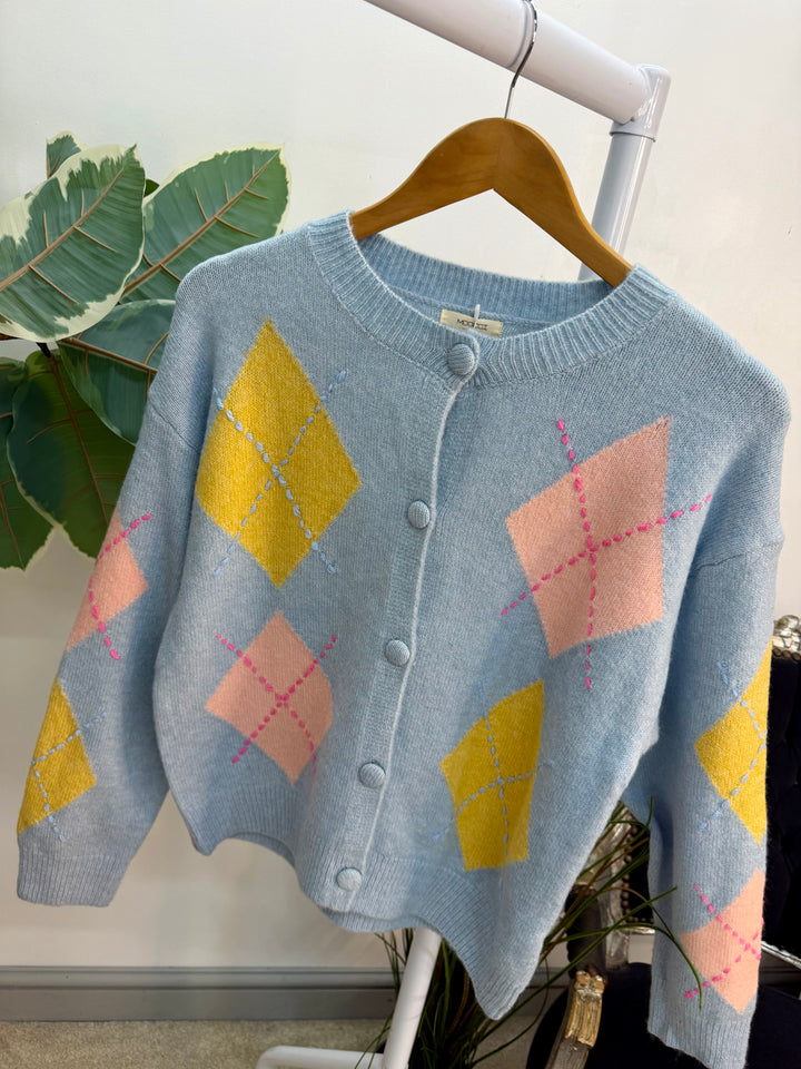 Ladies Fashion Diamond Argyle Cardigan - pink, blue & cream