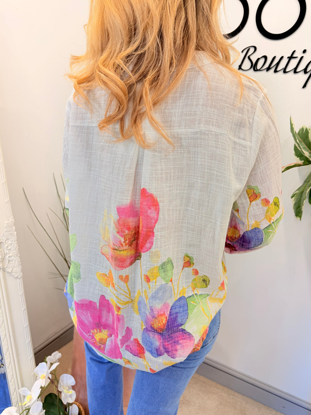 Ladies Fashion White Flower Print Light Linen Shirt Top