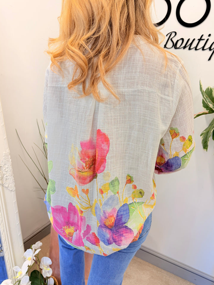 Ladies Fashion White Flower Print Light Linen Shirt Top