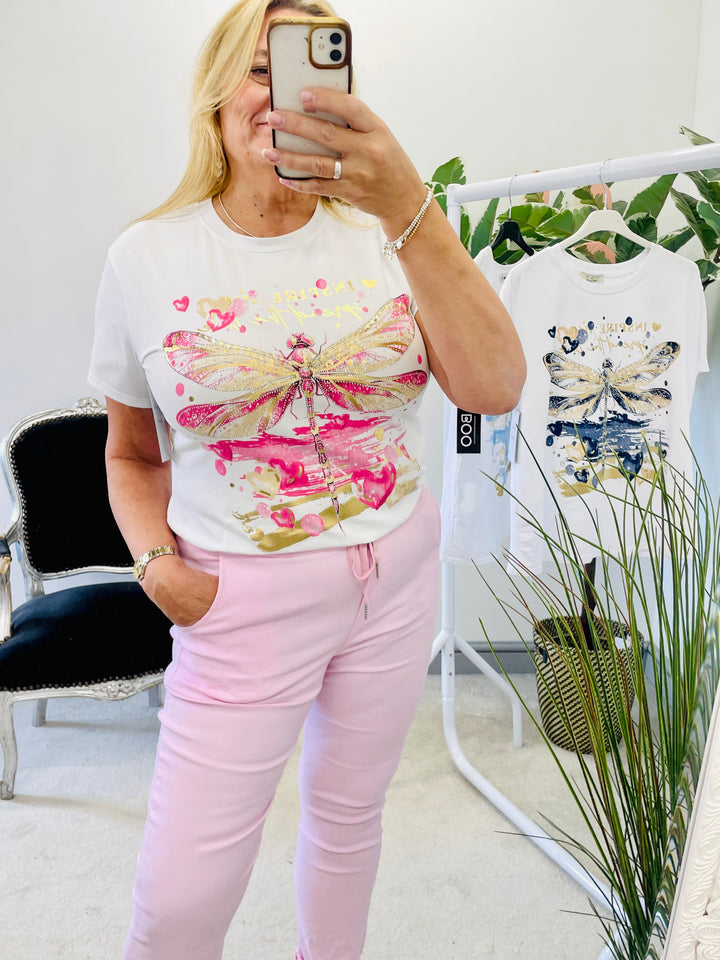 LADIES WOMENS WHITE DIAMANTE T TEE SHIRT - PINK, BLUE & NAVY
