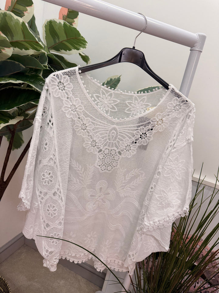 Ladies Fashion Pretty Crochet Lace Top - white & pink