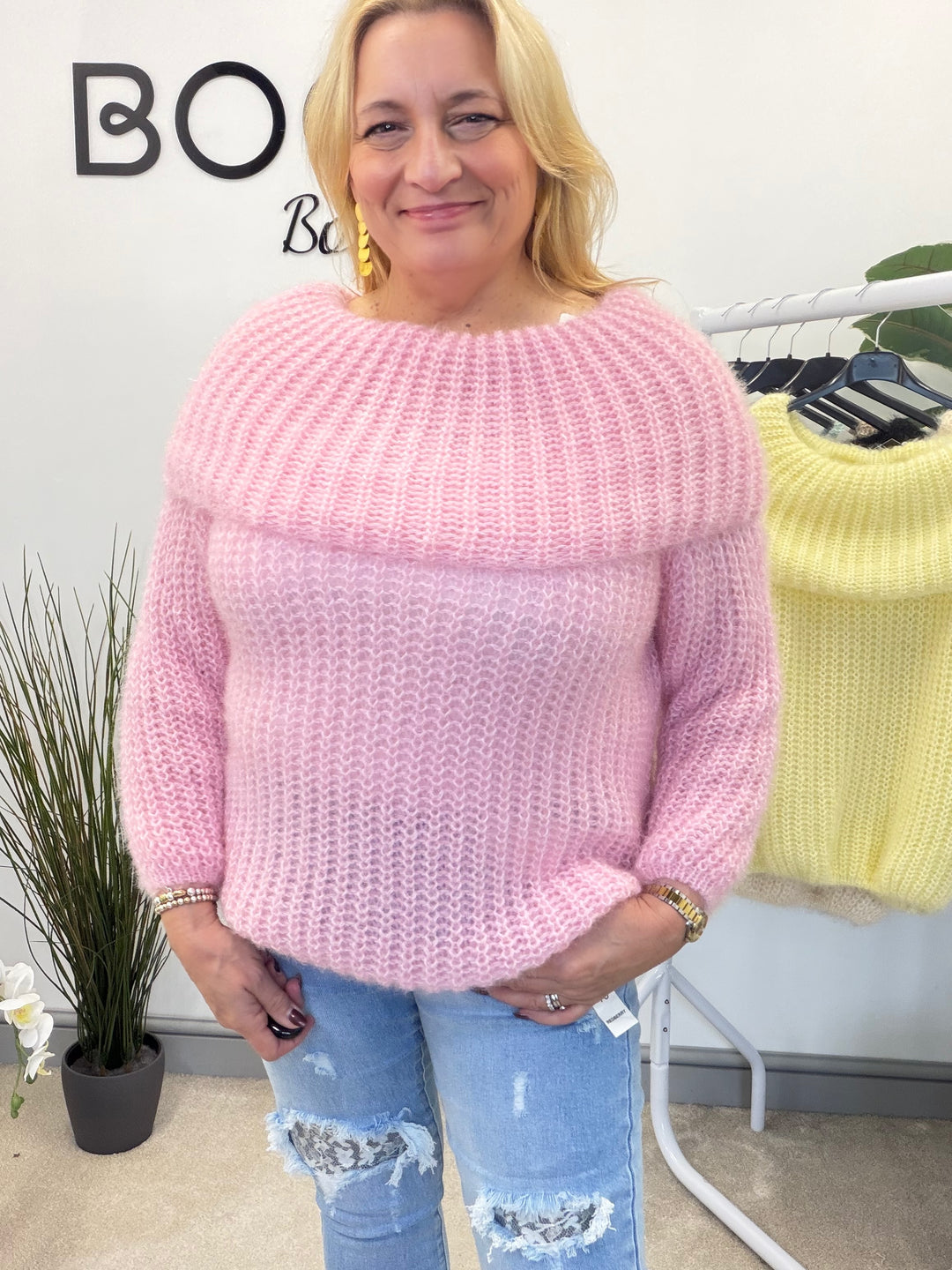 LADIES FLUFFY KNIT BARDOT JUMPER - MINT, BLACK, CREAM, PINK, LEMON & MOCHA