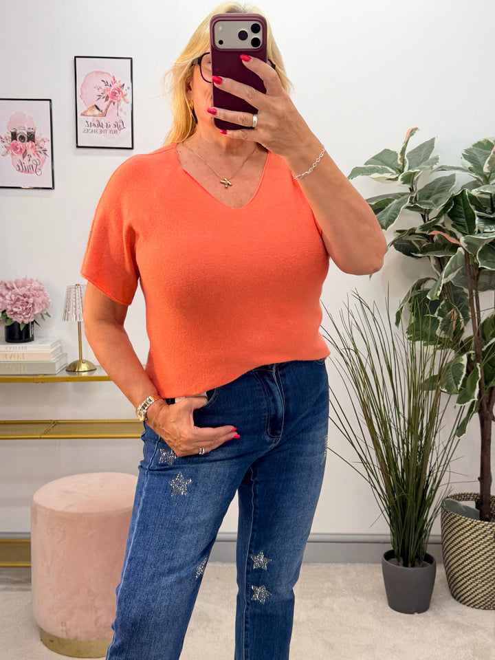 Ladies Fashion Short Sleeve V Neck Jumper peach