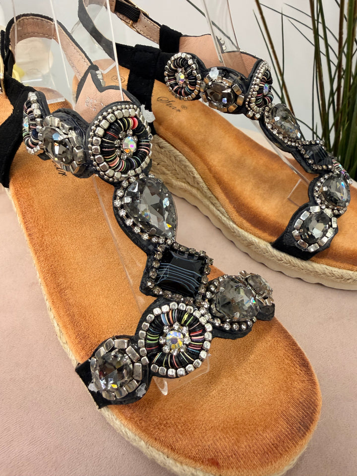 Ladies Fashion Black Jewelled Mid Wedge Heel Sandals