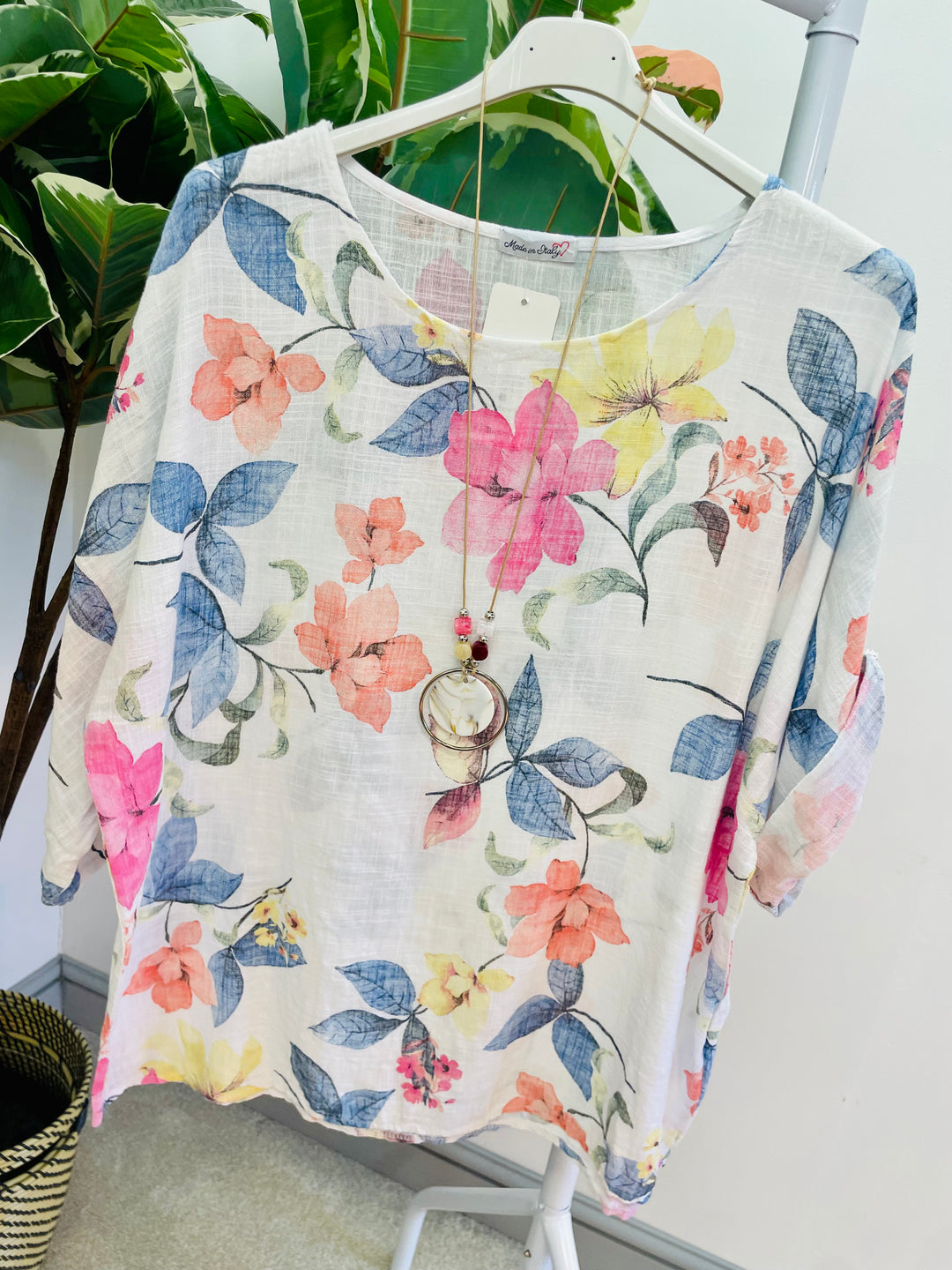 LADIES WOMENS FLORAL PRINT LINEN SUMMER TOP - PINK, ORANGE, BLUE, WHITE, YELLOW