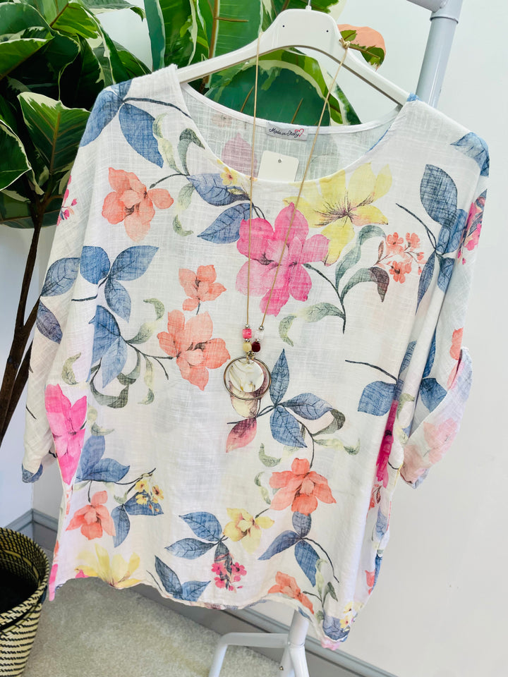 LADIES WOMENS FLORAL PRINT LINEN SUMMER TOP - PINK, ORANGE, BLUE, WHITE, YELLOW
