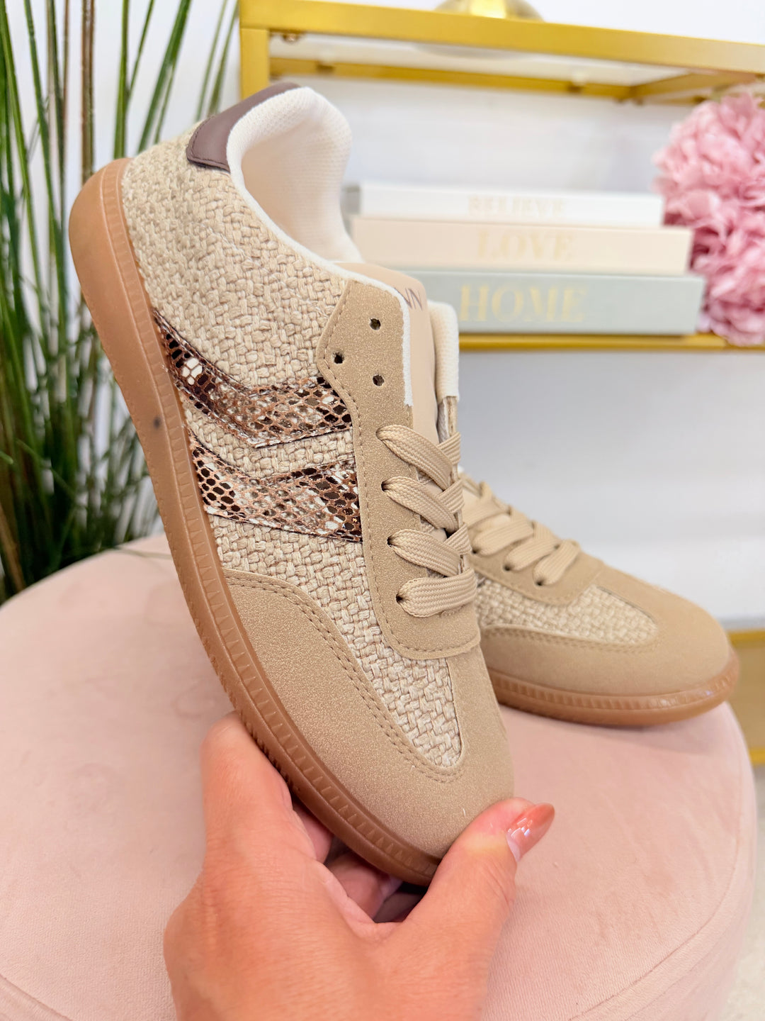 Ladies Fashion Beige Flat Inspired Stripe Trainers 