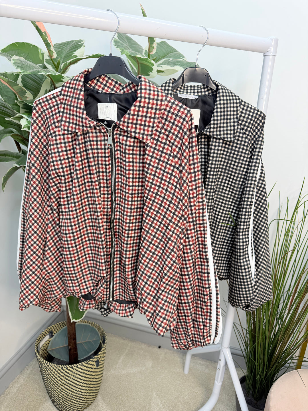 The MONICA check sports luxe bomber jacket - red and black