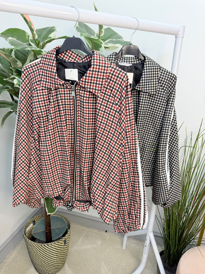 The MONICA check sports luxe bomber jacket - red and black