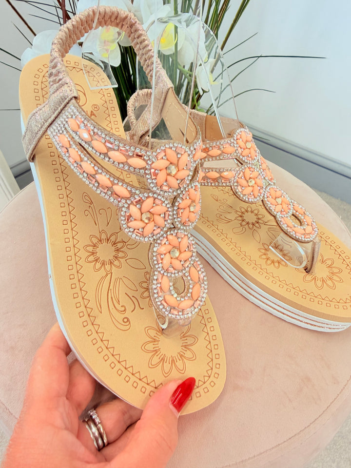 Ladies Fashion Pink Champagne Diamanté Toe Post Sandals
