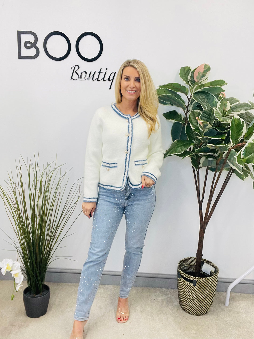 LADIES FLUFFY WHITE INSPIRED DENIM EDGE CARDIGAN