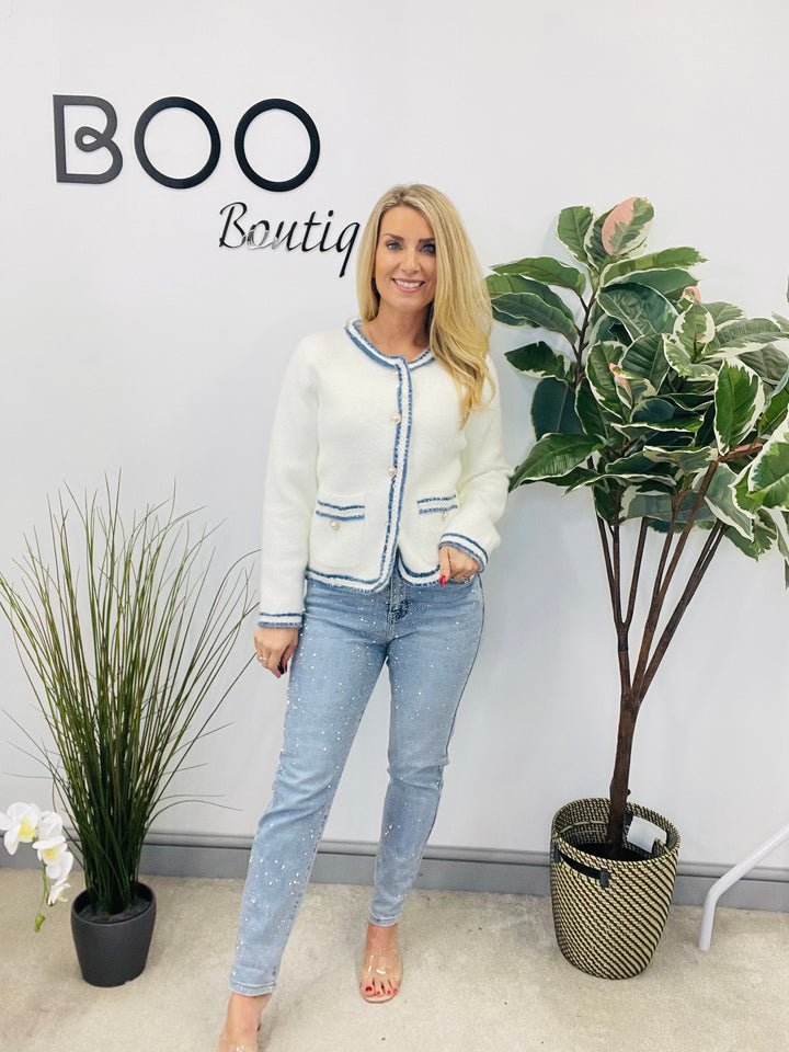 LADIES FLUFFY WHITE INSPIRED DENIM EDGE CARDIGAN