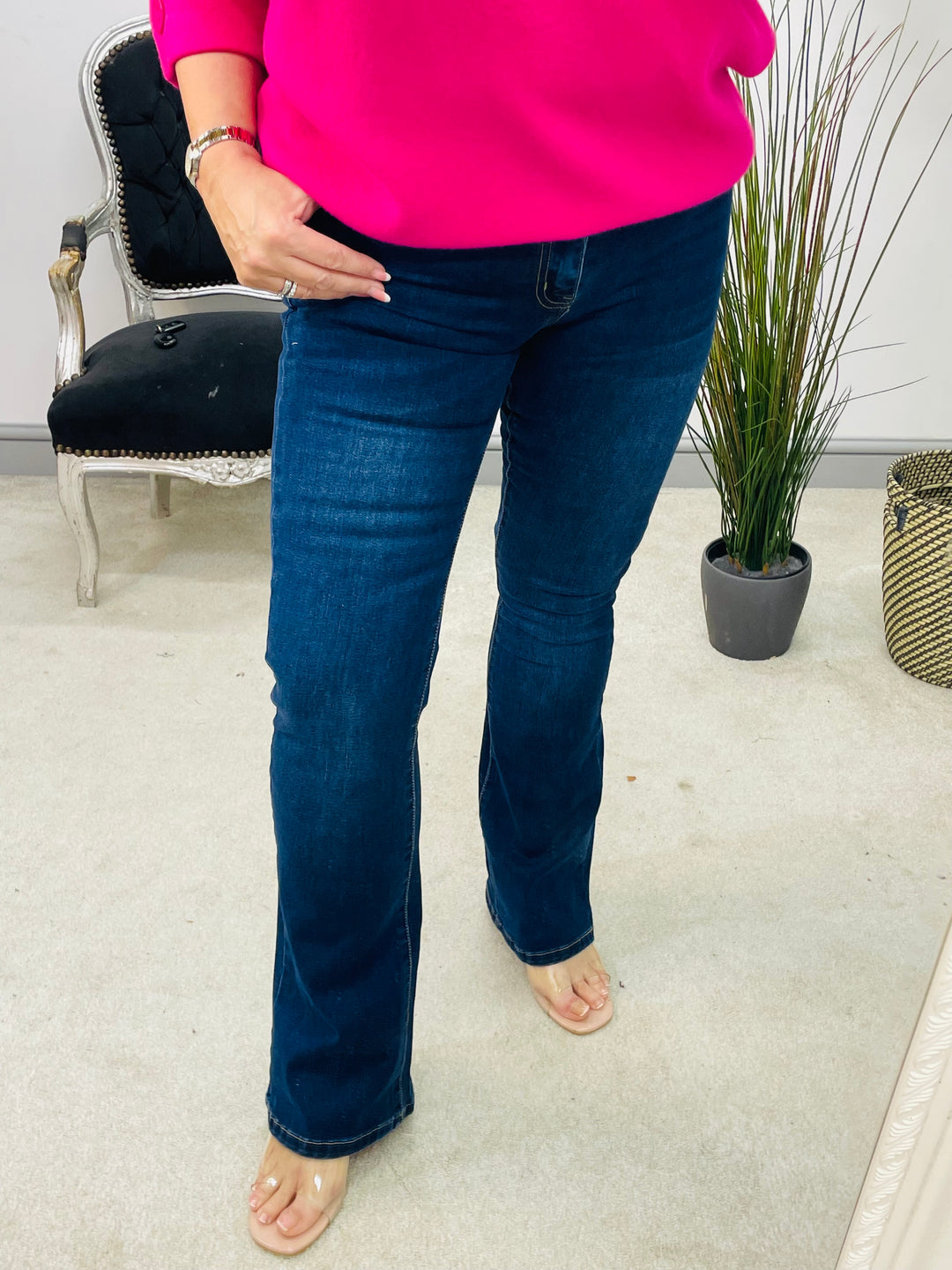 LADIES DARK BLUE DENIM KICK FLARE JEANS